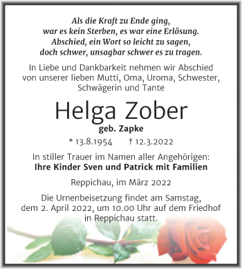 Traueranzeige von Helga Zober von Trauerkombi Köthen