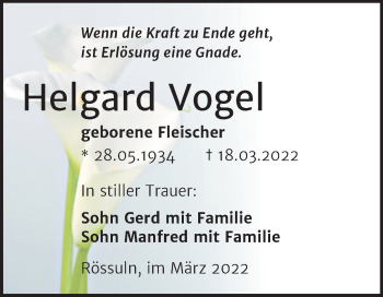 Traueranzeige von Helgard Vogel von Trauerkombi Weißenfels
