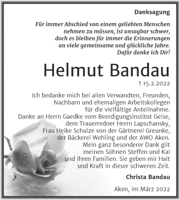 Traueranzeige von Helmut Bandau von Trauerkombi Köthen