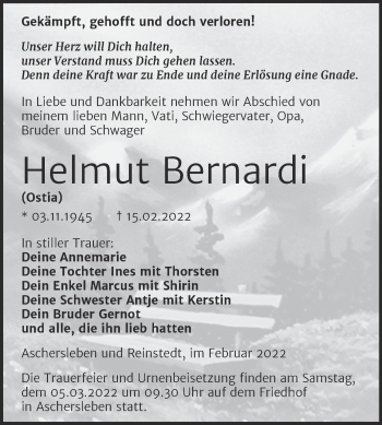 Traueranzeige von Helmut Bernardi von Trauerkombi Aschersleben