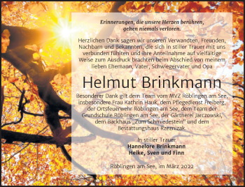 Traueranzeige von Helmut Brinkmann von Trauerkombi Mansfelder Land