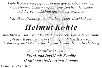 Traueranzeige von Helmut Kohle von Trauerkombi Dessau