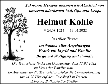 Traueranzeige von Helmut Kohle von Trauerkombi Dessau