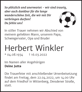 Traueranzeige von Herbert Winkler von Trauerkombi Wittenberg