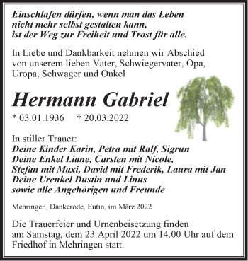 Traueranzeige von Hermann Gabriel von Trauerkombi Aschersleben