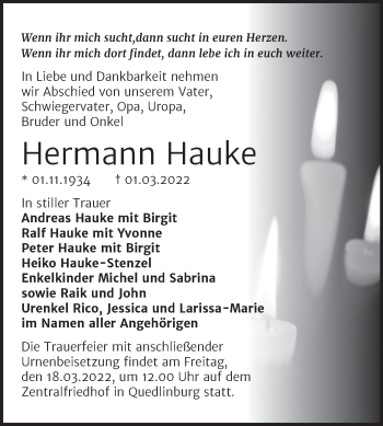 Traueranzeige von Hermann Hauke von Trauerkombi Quedlinburg