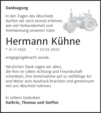 Traueranzeige von Hermann Kühne von Trauerkombi Aschersleben