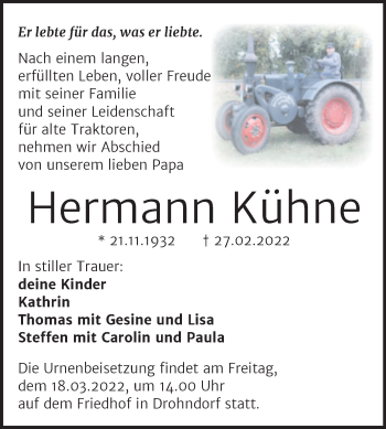 Traueranzeige von Hermann Kühne von Trauerkombi Aschersleben