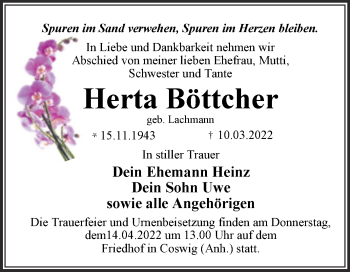 Traueranzeige von Herta Böttcher von Trauerkombi Wittenberg