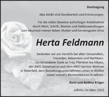 Traueranzeige von Herta Feldmann von Trauerkombi Bitterfeld