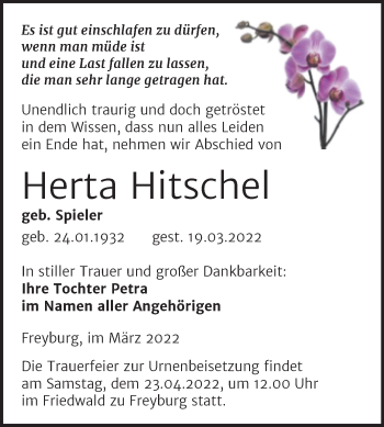 Traueranzeige von Herta Hitschel von Naumburger Tageblatt