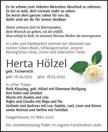 Traueranzeige von Herta Hölzel von Super Sonntag Sangerhausen