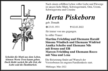 Traueranzeige von Herta Piskeborn von Trauerkombi Wittenberg