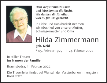 Traueranzeige von Hilda Zimmermann von Trauerkombi Merseburg