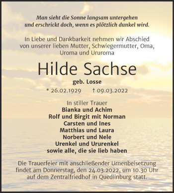 Traueranzeige von Hilde Sachse von Trauerkombi Quedlinburg