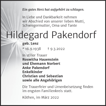 Traueranzeige von Hildegard Pakendorf von Trauerkombi Köthen