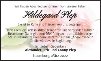 Traueranzeige von Hildegard Plep von Wochenspiegel Naumburg/Nebra