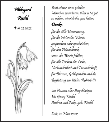 Traueranzeige von Hildegard Riedel von Trauerkombi Zeitz