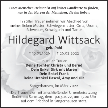 Traueranzeige von Hildegard Wittsack von Trauerkombi Sangerhausen