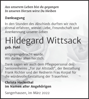 Traueranzeige von Hildegard Wittsack von Trauerkombi Sangerhausen