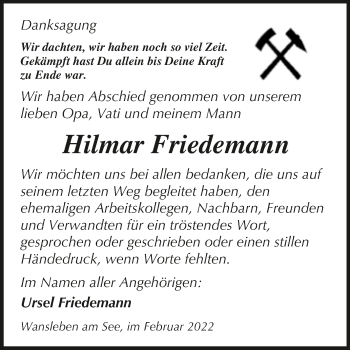 Traueranzeige von Hilmar Friedemann von Trauerkombi Mansfelder Land