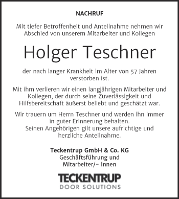 Traueranzeige von Holger Teschner von Mitteldeutsche Zeitung Bitterfeld