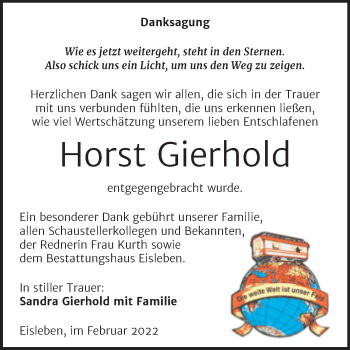 Traueranzeige von Horst Gierhold von Trauerkombi Mansfelder Land