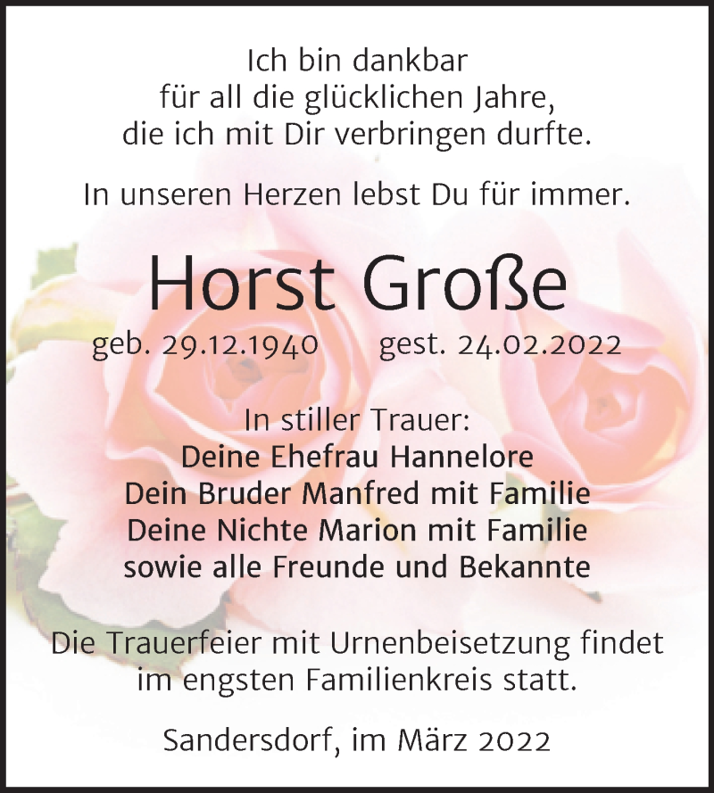  Traueranzeige für Horst Große vom 09.03.2022 aus Trauerkombi Bitterfeld