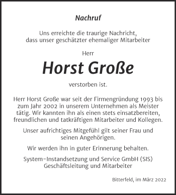 Traueranzeige von Horst Große von Mitteldeutsche Zeitung Bitterfeld