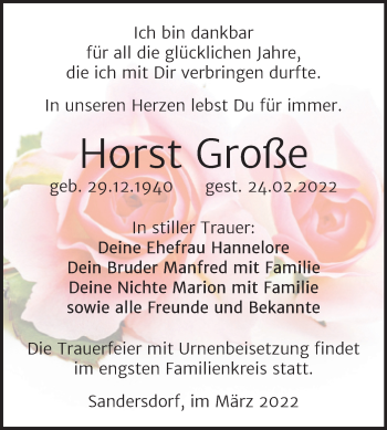 Traueranzeige von Horst Große von Trauerkombi Bitterfeld