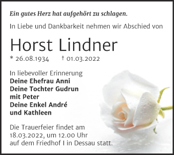 Traueranzeige von Horst Lindner von Trauerkombi Dessau