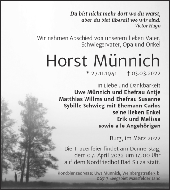 Traueranzeige von Horst Münnich von Super Sonntag Naumburg/Nebra
