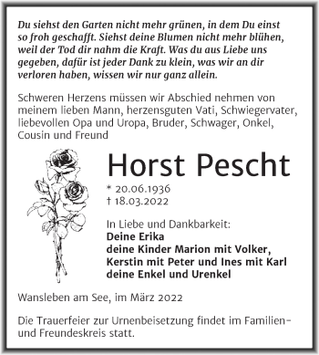 Traueranzeige von Horst Pescht von Trauerkombi Mansfelder Land