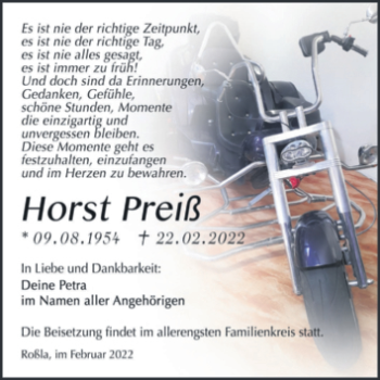 Traueranzeige von Horst Preiß von Trauerkombi Sangerhausen