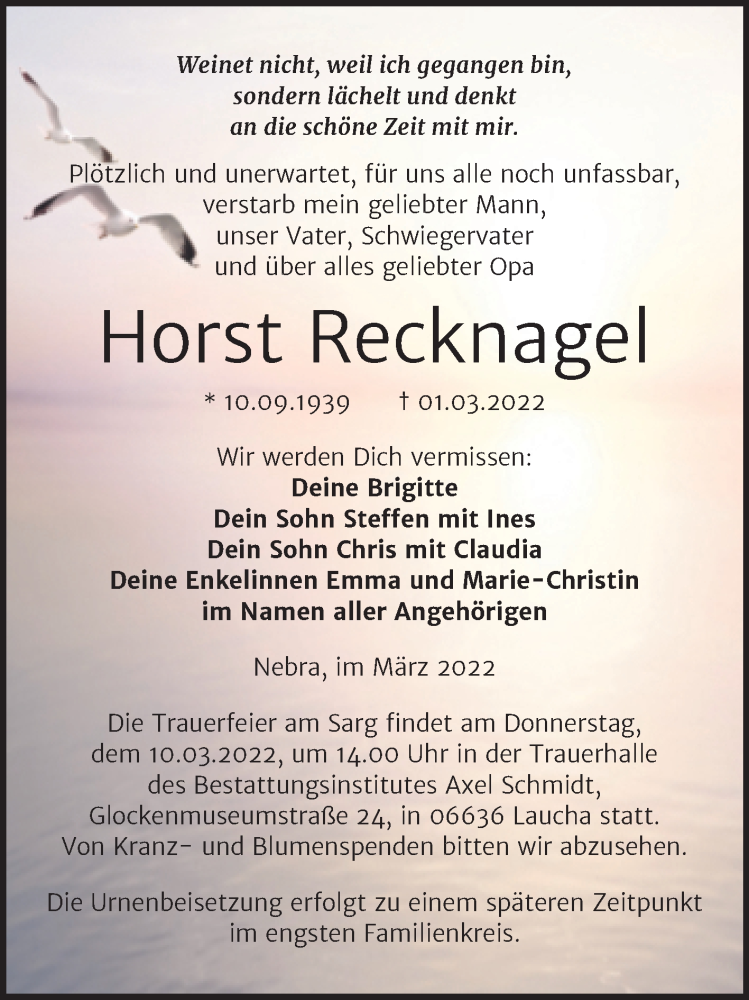  Traueranzeige für Horst Recknagel vom 05.03.2022 aus Naumburger Tageblatt