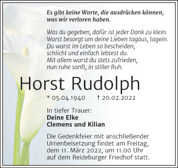 Traueranzeige von Horst Rudolph von Mitteldeutsche Zeitung Halle/Saalkreis