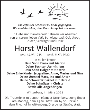 Traueranzeige von Horst Wallendorf von Trauerkombi Wittenberg