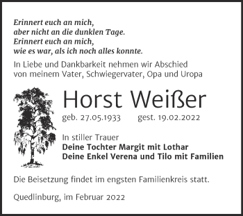 Traueranzeige von Horst Weißer von Wochenspiegel Naumburg/Nebra