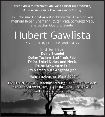 Traueranzeige von Hubert Gawlista von Trauerkombi Weißenfels