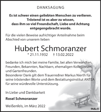 Traueranzeige von Hubert Schmoranzer von Trauerkombi Weißenfels