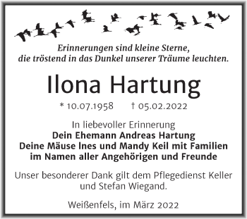 Traueranzeige von Ilona Hartung von Trauerkombi Weißenfels