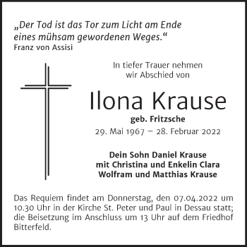 Traueranzeige von Ilona Krause von Trauerkombi Bitterfeld