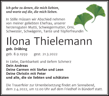Traueranzeige von Ilona Thielemann von Trauerkombi Merseburg