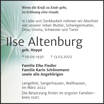 Traueranzeige von Ilse Altenburg von Mitteldeutsche Zeitung Sangerhausen