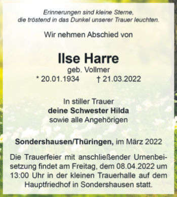 Traueranzeige von Ilse Harre von Mitteldeutsche Zeitung Halle/Saalkreis