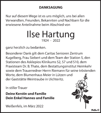 Traueranzeige von Ilse Hartung von Trauerkombi Weißenfels