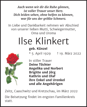 Traueranzeige von Ilse Klinkert von Trauerkombi Zeitz