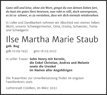 Traueranzeige von Ilse Martha Marie Staub von Trauerkombi Mansfelder Land
