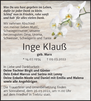 Traueranzeige von Inge Klauß von Trauerkombi Wittenberg