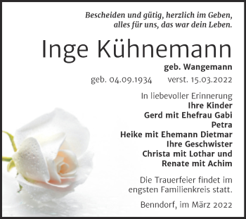 Traueranzeige von Inge Kühnemann von Trauerkombi Mansfelder Land